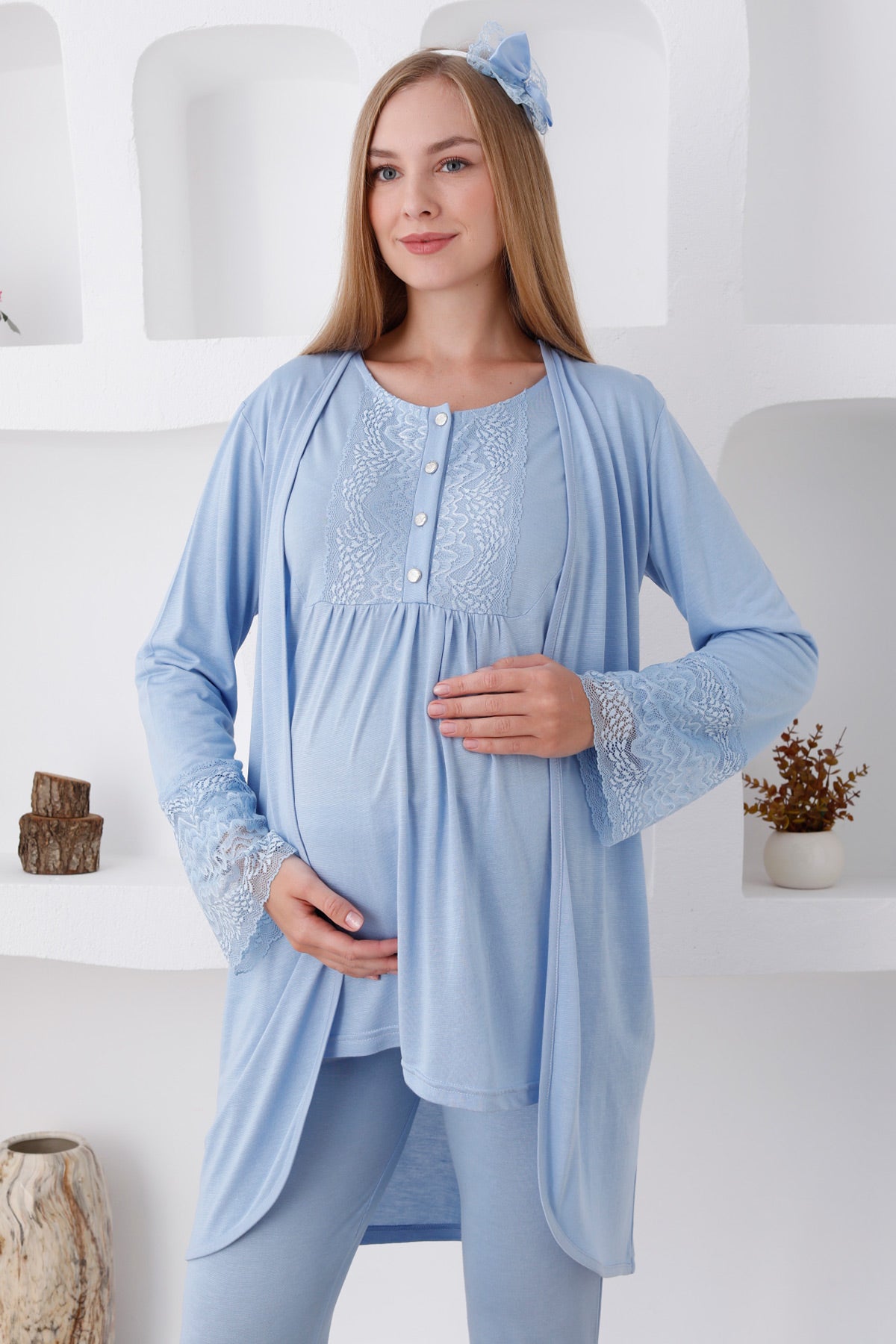 Lace Sleeve 3-Pieces Maternity & Nursing Pajamas With Robe Blue - 3427