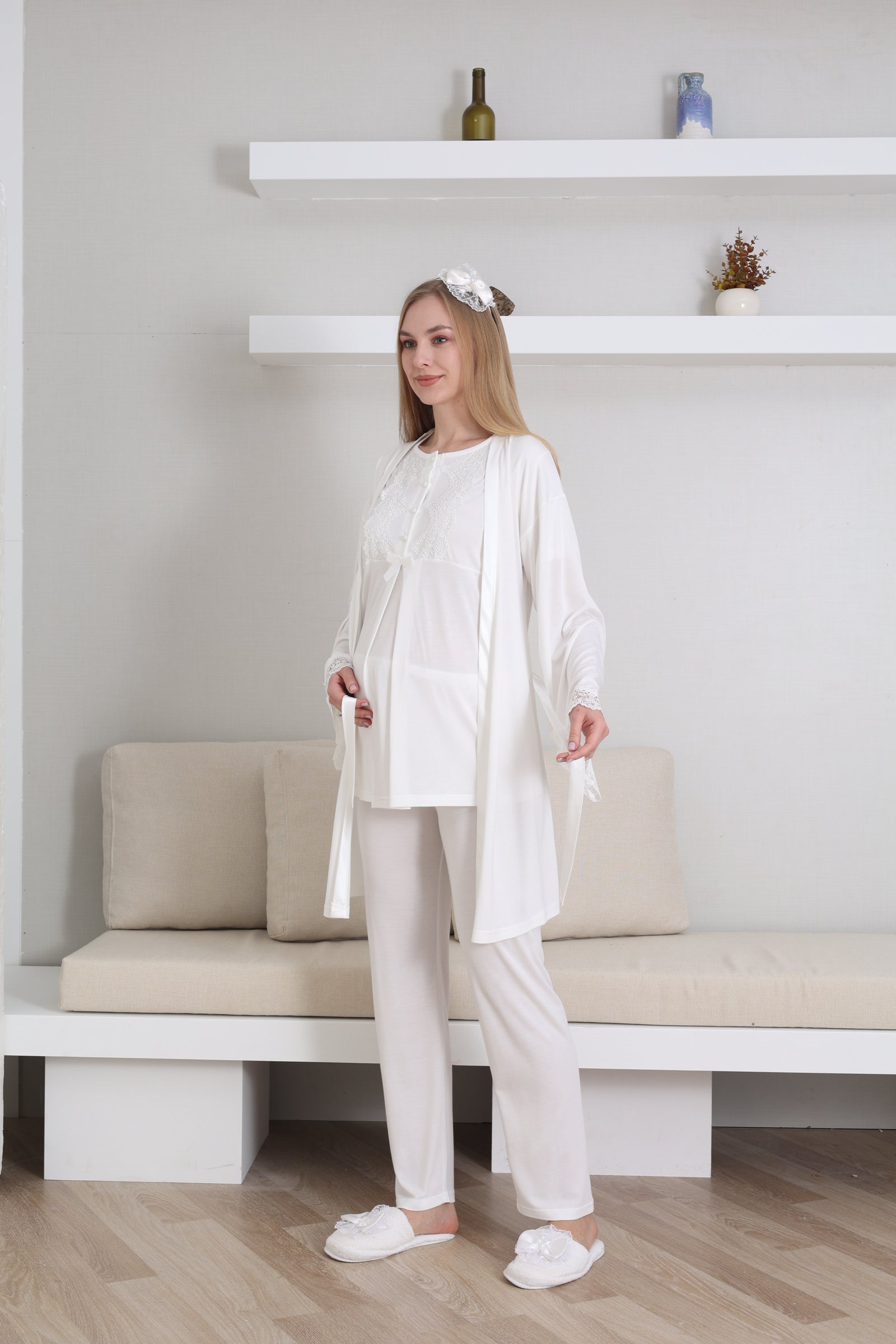 Guipure Collar 3-Piece Maternity-Nursing Pajama & Robe Set Ecru - 3433