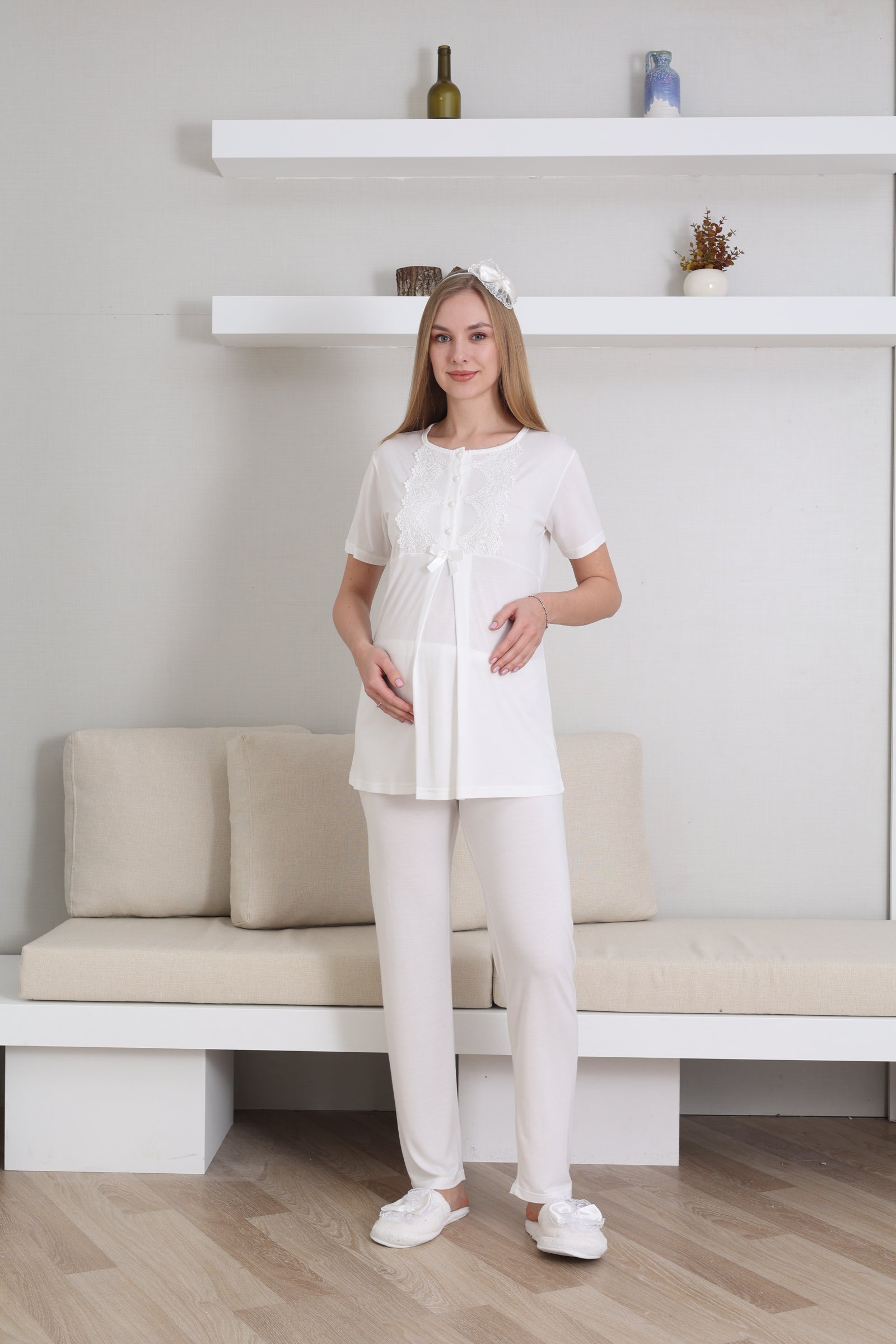 Guipure Collar 3-Piece Maternity-Nursing Pajama & Robe Set Ecru - 3433