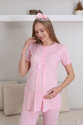 Guipure Collar 3-Piece Maternity-Nursing Pajama & Robe Set Pink - 3433