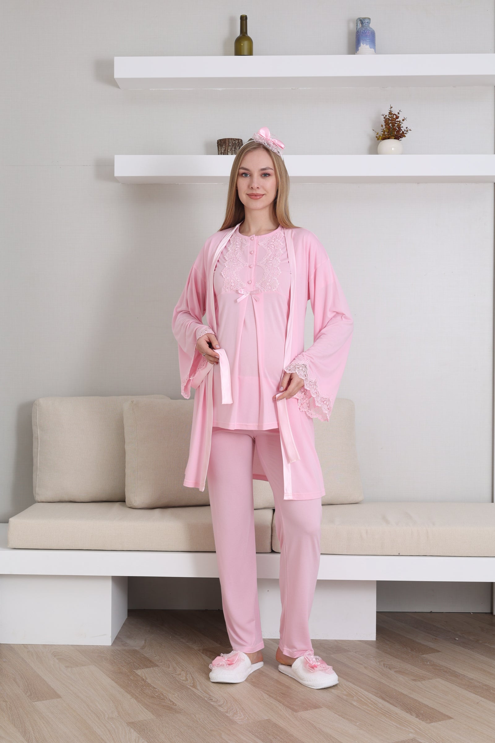 Guipure Collar 3-Piece Maternity-Nursing Pajama & Robe Set Pink - 3433