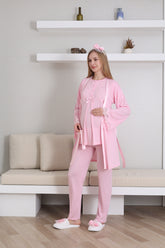 Guipure Collar 3-Piece Maternity-Nursing Pajama & Robe Set Pink - 3433