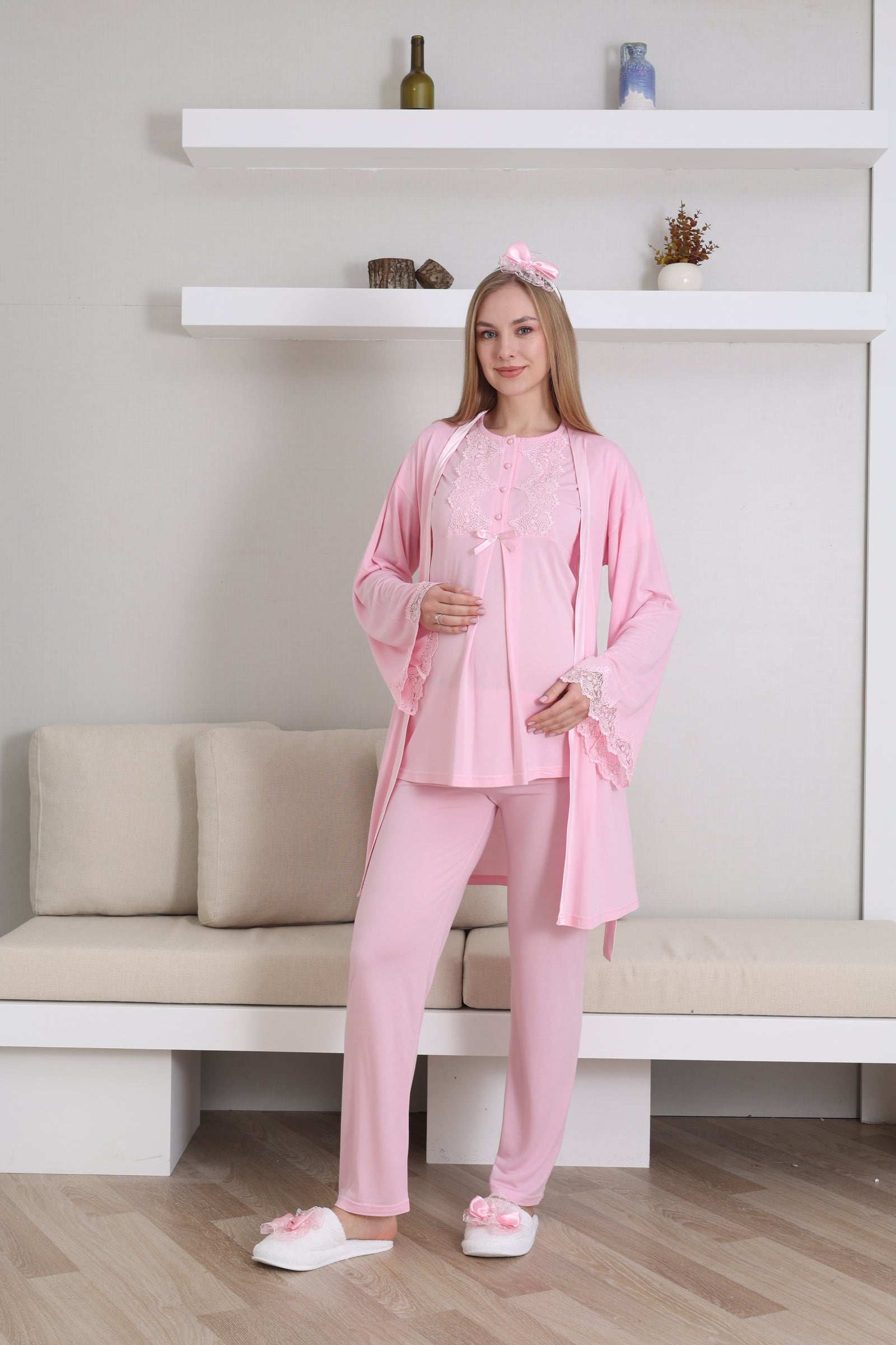 Guipure Collar 3-Piece Maternity-Nursing Pajama & Robe Set Pink - 3433