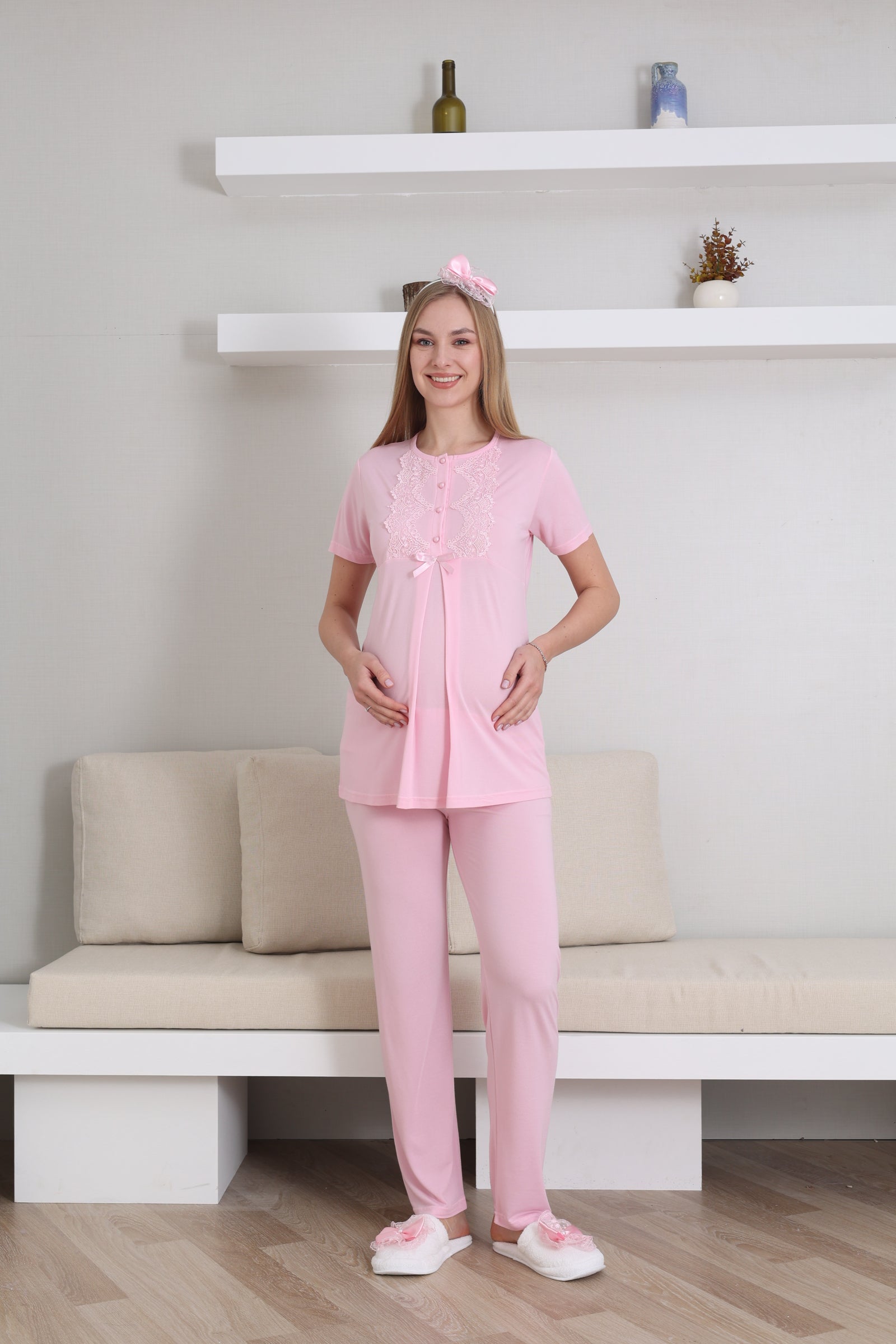 Guipure Collar 3-Piece Maternity-Nursing Pajama & Robe Set Pink - 3433