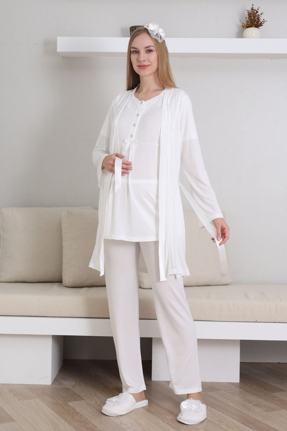 Lace V-Collar 3-Piece Maternity-Nursing Pajama & Robe Set Ecru - 3435