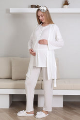 Lace V-Collar 3-Piece Maternity-Nursing Pajama & Robe Set Ecru - 3435