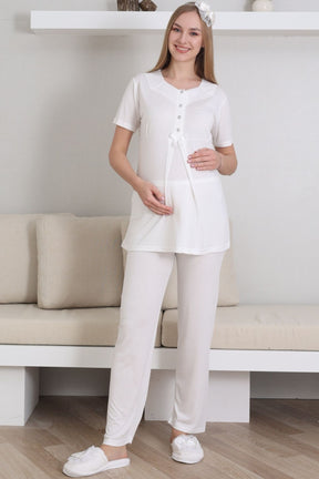 Lace V-Collar 3-Piece Maternity-Nursing Pajama & Robe Set Ecru - 3435