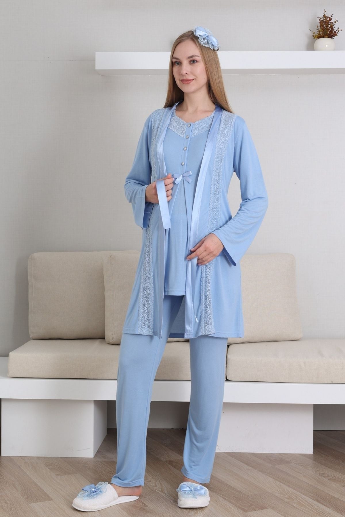 Lace V-Collar 3-Piece Maternity-Nursing Pajama & Robe Set Blue - 3435