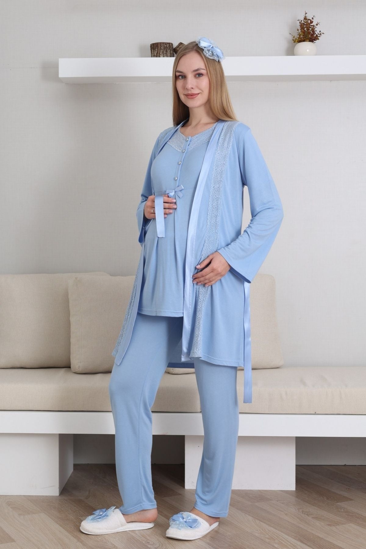 Lace V-Collar 3-Piece Maternity-Nursing Pajama & Robe Set Blue - 3435