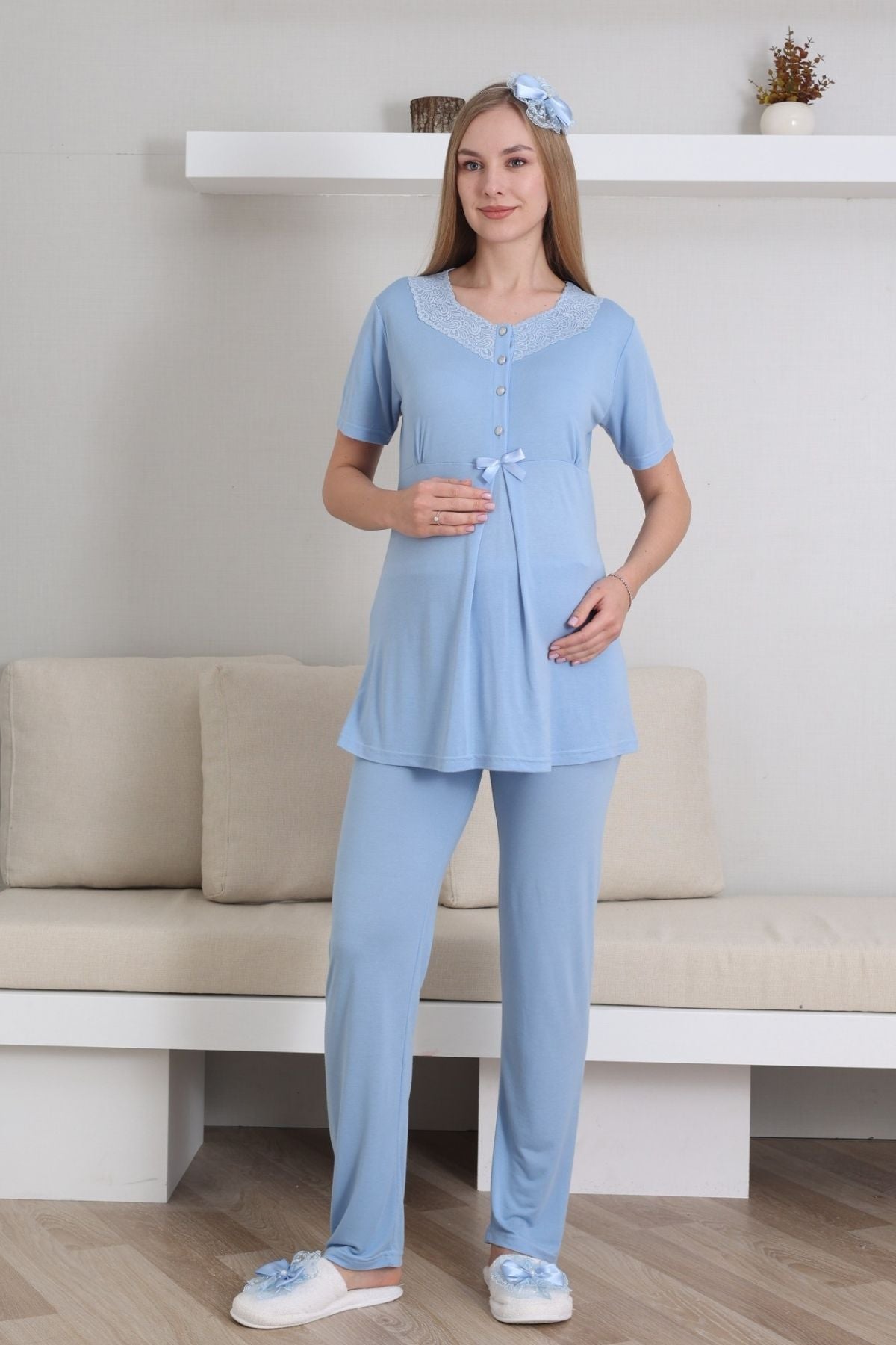 Lace V-Collar 3-Piece Maternity-Nursing Pajama & Robe Set Blue - 3435