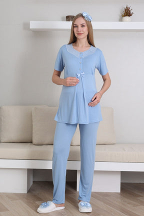 Lace V-Collar 3-Piece Maternity-Nursing Pajama & Robe Set Blue - 3435