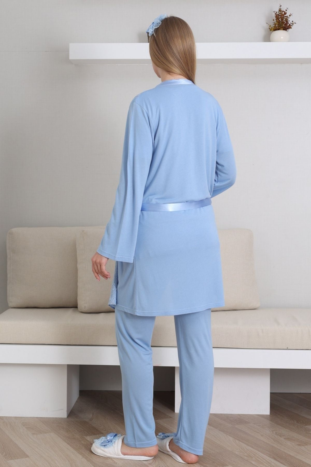 Lace V-Collar 3-Piece Maternity-Nursing Pajama & Robe Set Blue - 3435