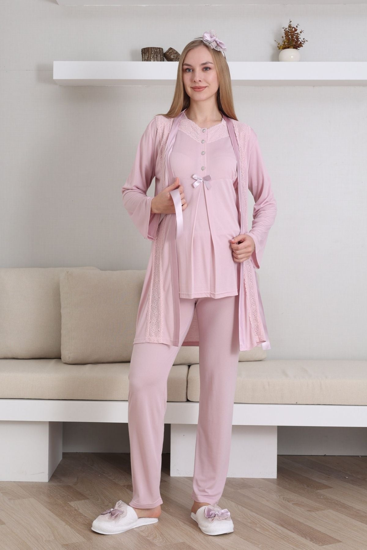 Lace V-Collar 3-Piece Maternity-Nursing Pajama & Robe Set Powder - 3435