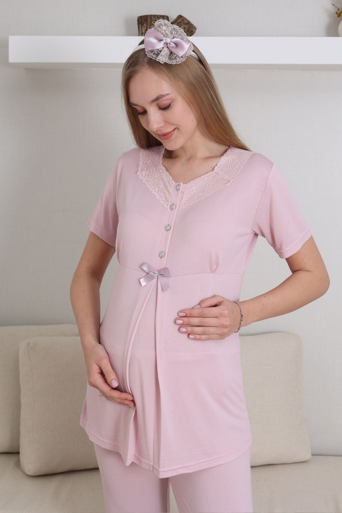 Lace V-Collar 3-Piece Maternity-Nursing Pajama & Robe Set Powder - 3435