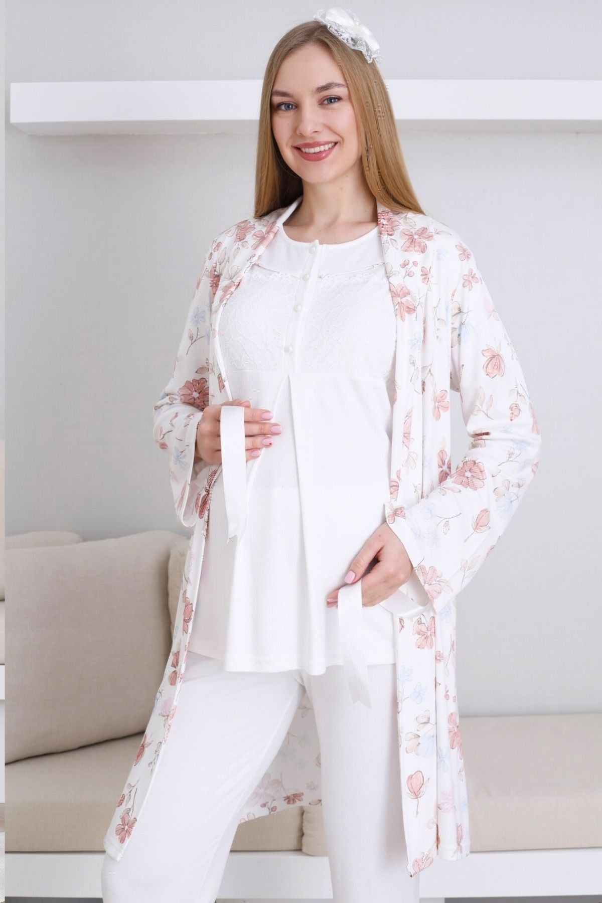 Lace Collar 3-Piece Maternity-Nursing Pajama & Patterned Robe Set Ecru - 3436