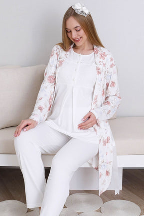 Lace Collar 3-Piece Maternity-Nursing Pajama & Patterned Robe Set Ecru - 3436