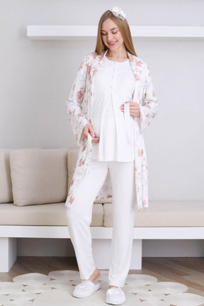 Lace Collar 3-Piece Maternity-Nursing Pajama & Patterned Robe Set Ecru - 3436