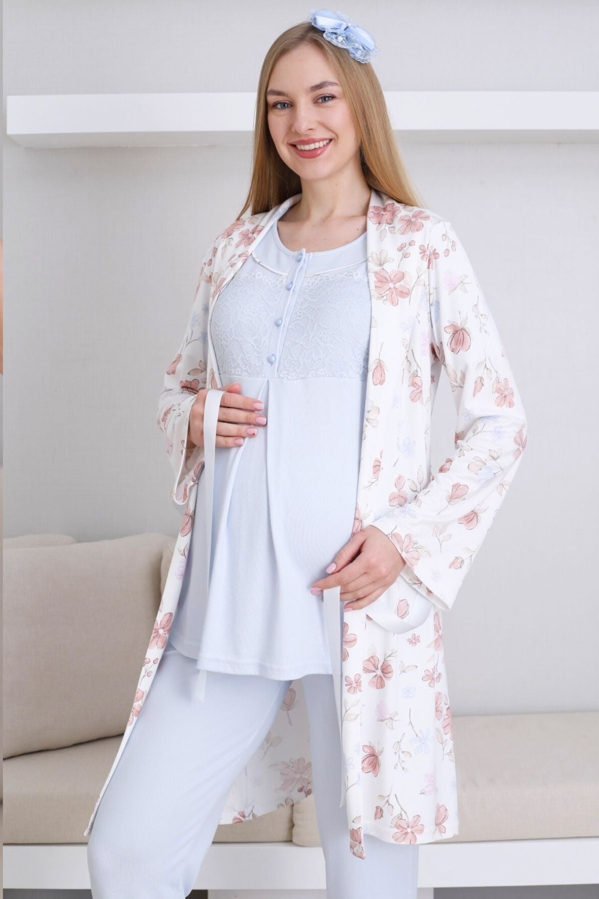 Lace Collar 3-Piece Maternity-Nursing Pajama & Patterned Robe Set Blue - 3436