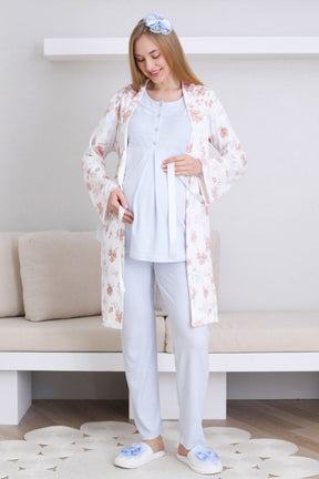 Lace Collar 3-Piece Maternity-Nursing Pajama & Patterned Robe Set Blue - 3436