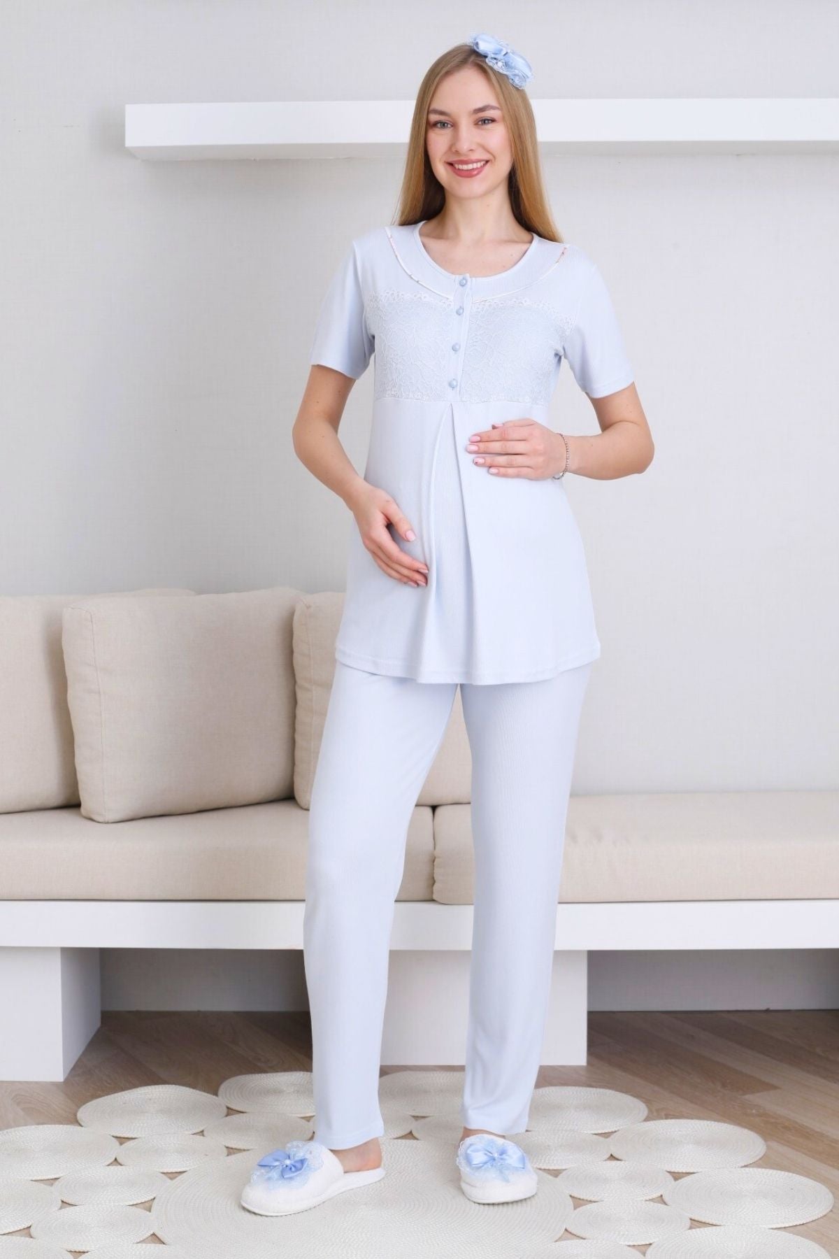 Lace Collar 3-Piece Maternity-Nursing Pajama & Patterned Robe Set Blue - 3436