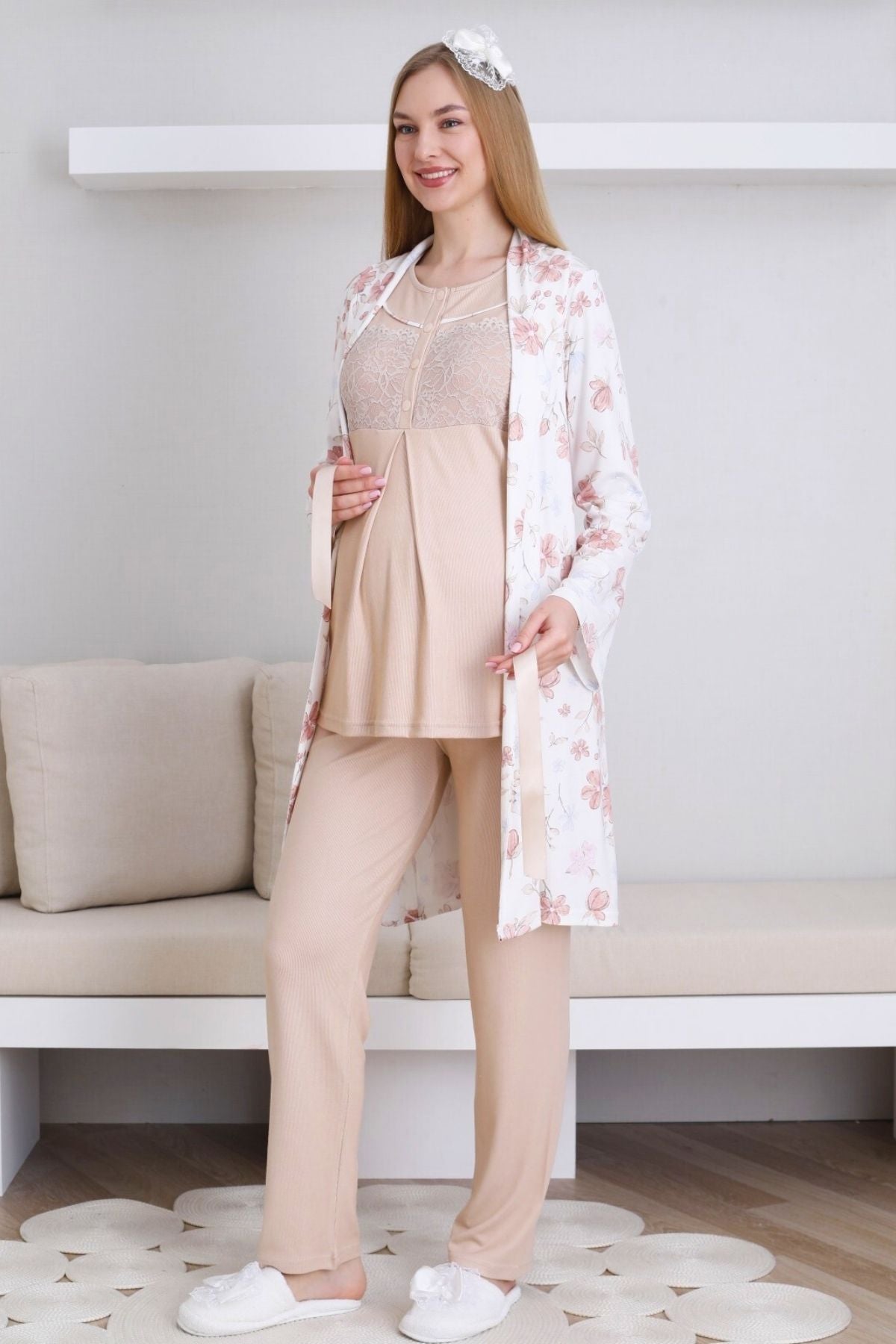 Lace Collar 3-Piece Maternity-Nursing Pajama & Patterned Robe Set Mink - 3436