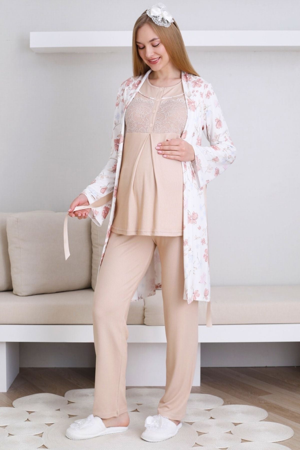 Lace Collar 3-Piece Maternity-Nursing Pajama & Patterned Robe Set Mink - 3436