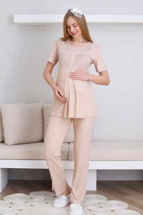 Lace Collar 3-Piece Maternity-Nursing Pajama & Patterned Robe Set Mink - 3436