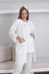 Vintage Lace 3-Piece Maternity-Nursing Pajama & Robe Set Ecru - 3437