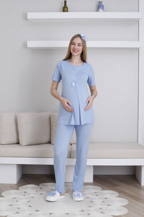 Vintage Lace 3-Piece Maternity-Nursing Pajama & Robe Set Blue - 3437