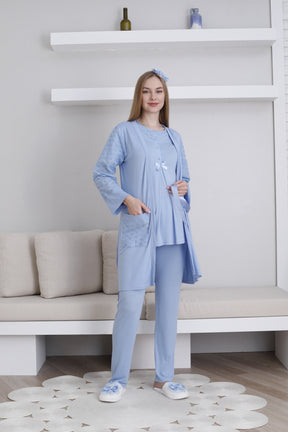 Vintage Lace 3-Piece Maternity-Nursing Pajama & Robe Set Blue - 3437