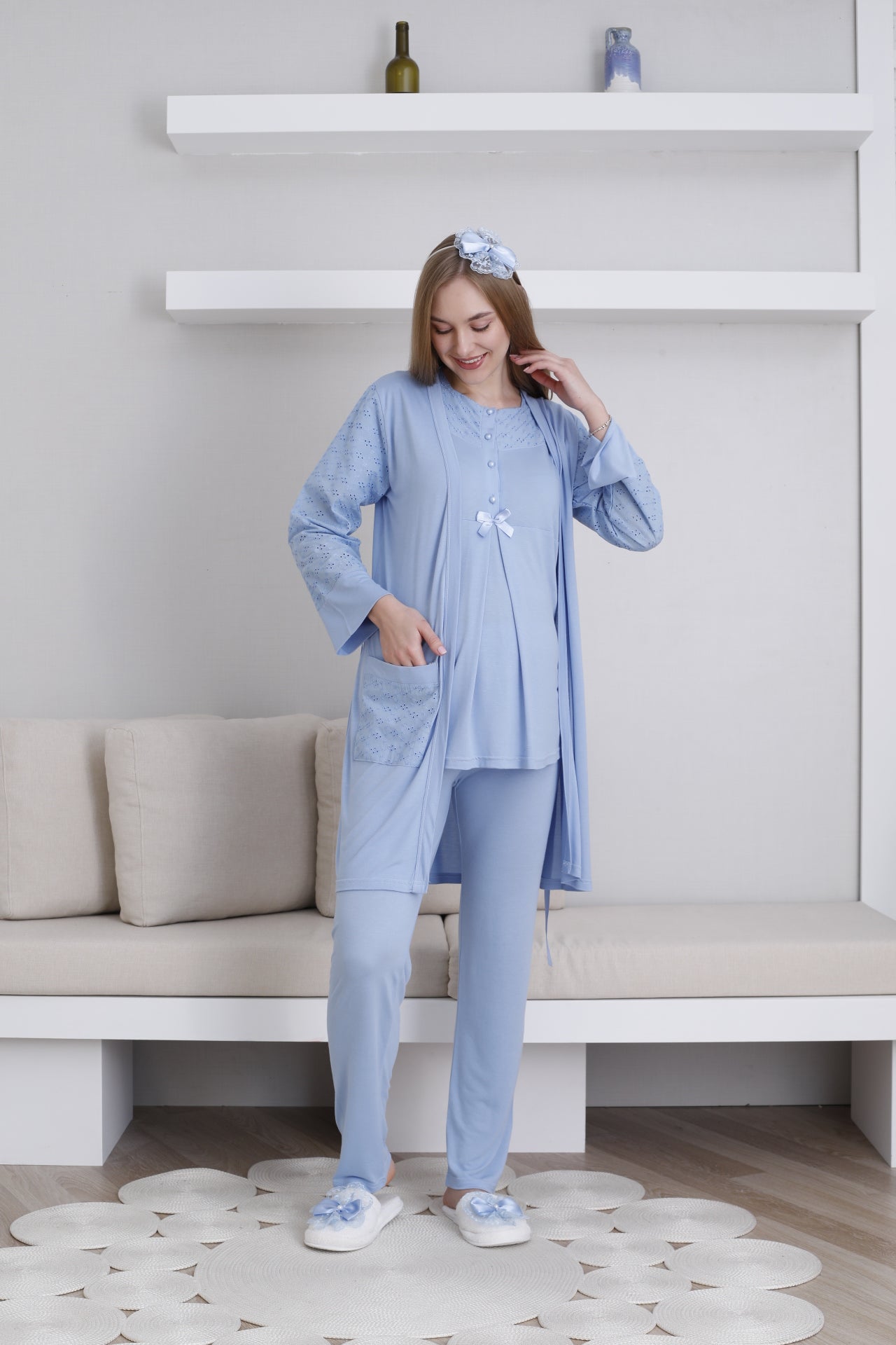 Vintage Lace 3-Piece Maternity-Nursing Pajama & Robe Set Blue - 3437