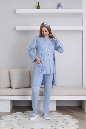 Vintage Lace 3-Piece Maternity-Nursing Pajama & Robe Set Blue - 3437