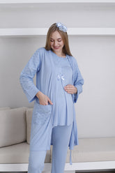 Vintage Lace 3-Piece Maternity-Nursing Pajama & Robe Set Blue - 3437