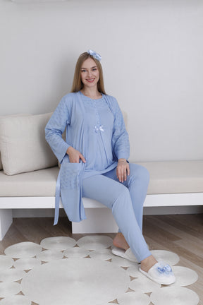 Vintage Lace 3-Piece Maternity-Nursing Pajama & Robe Set Blue - 3437