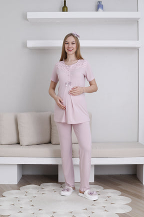 Vintage Lace 3-Piece Maternity-Nursing Pajama & Robe Set Powder - 3437