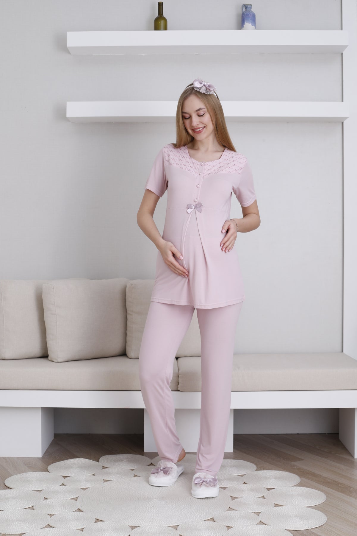 Vintage Lace 3-Piece Maternity-Nursing Pajama & Robe Set Powder - 3437