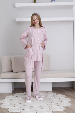 Vintage Lace 3-Piece Maternity-Nursing Pajama & Robe Set Powder - 3437