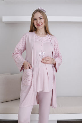 Vintage Lace 3-Piece Maternity-Nursing Pajama & Robe Set Powder - 3437