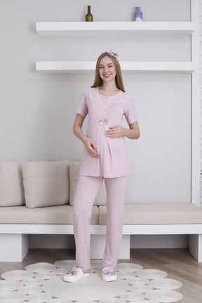 Vintage Lace 3-Piece Maternity-Nursing Pajama & Robe Set Powder - 3437