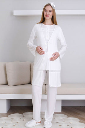 Lace Detailed 3-Piece Maternity-Nursing Pajama & Robe Set Ecru - 3439