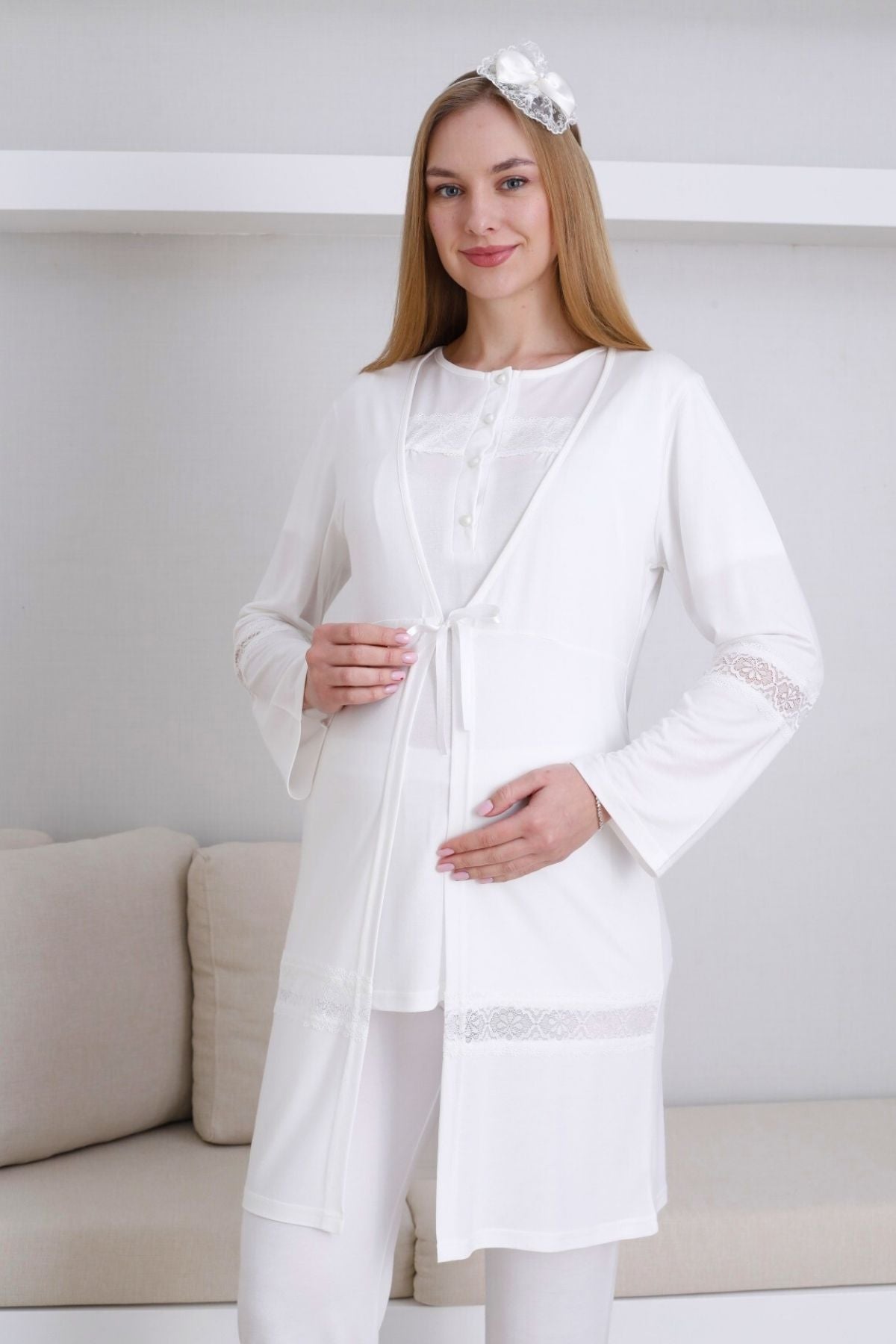 Lace Detailed 3-Piece Maternity-Nursing Pajama & Robe Set Ecru - 3439