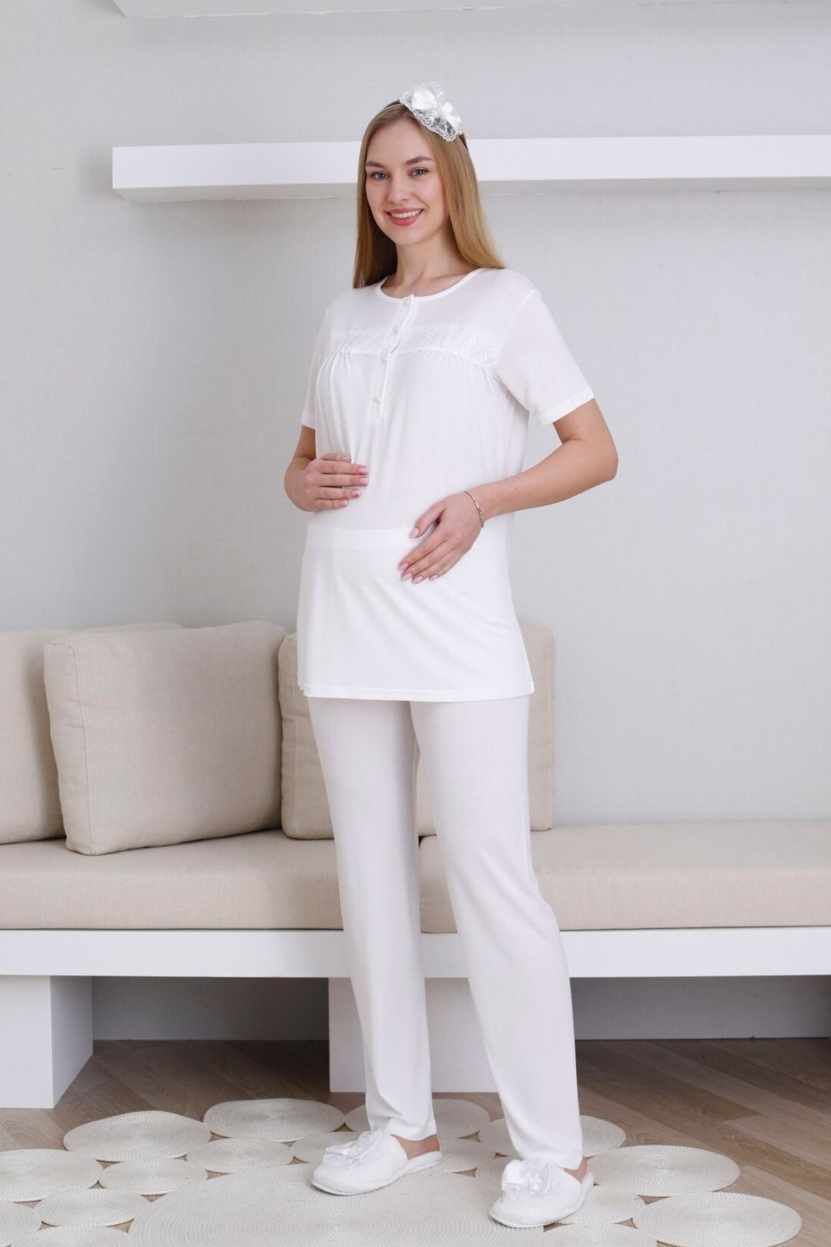 Lace Detailed 3-Piece Maternity-Nursing Pajama & Robe Set Ecru - 3439