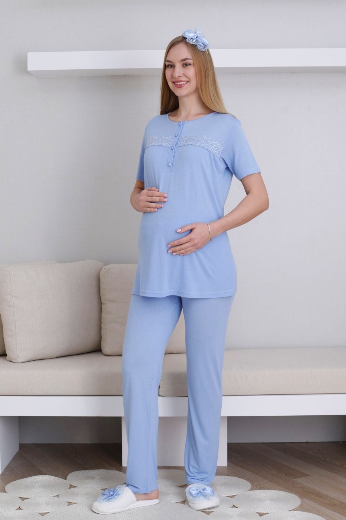 Lace Detailed 3-Piece Maternity-Nursing Pajama & Robe Set Blue - 3439