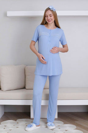 Lace Detailed 3-Piece Maternity-Nursing Pajama & Robe Set Blue - 3439