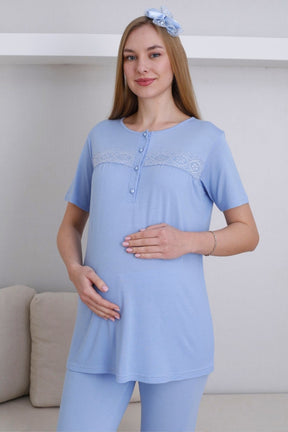 Lace Detailed 3-Piece Maternity-Nursing Pajama & Robe Set Blue - 3439