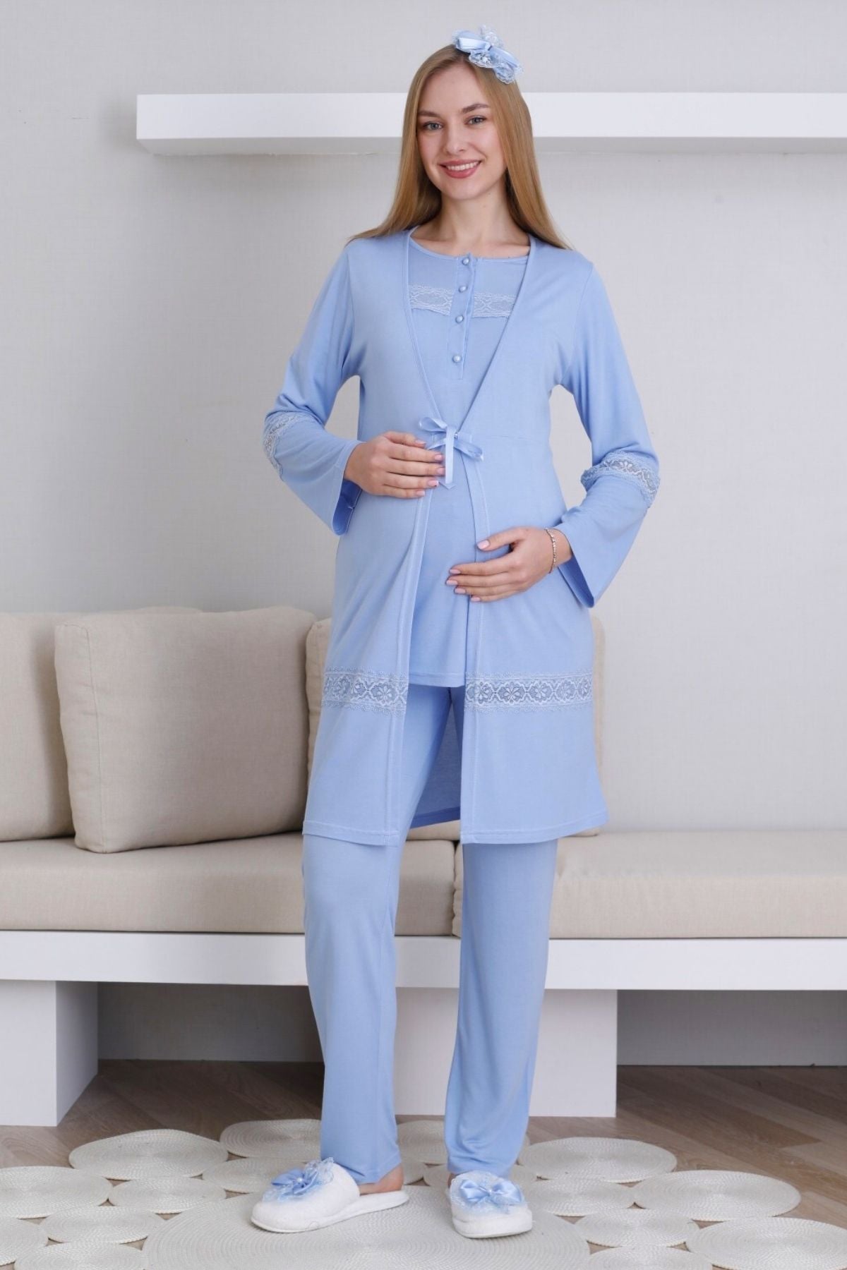 Lace Detailed 3-Piece Maternity-Nursing Pajama & Robe Set Blue - 3439