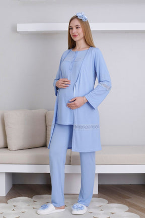 Lace Detailed 3-Piece Maternity-Nursing Pajama & Robe Set Blue - 3439