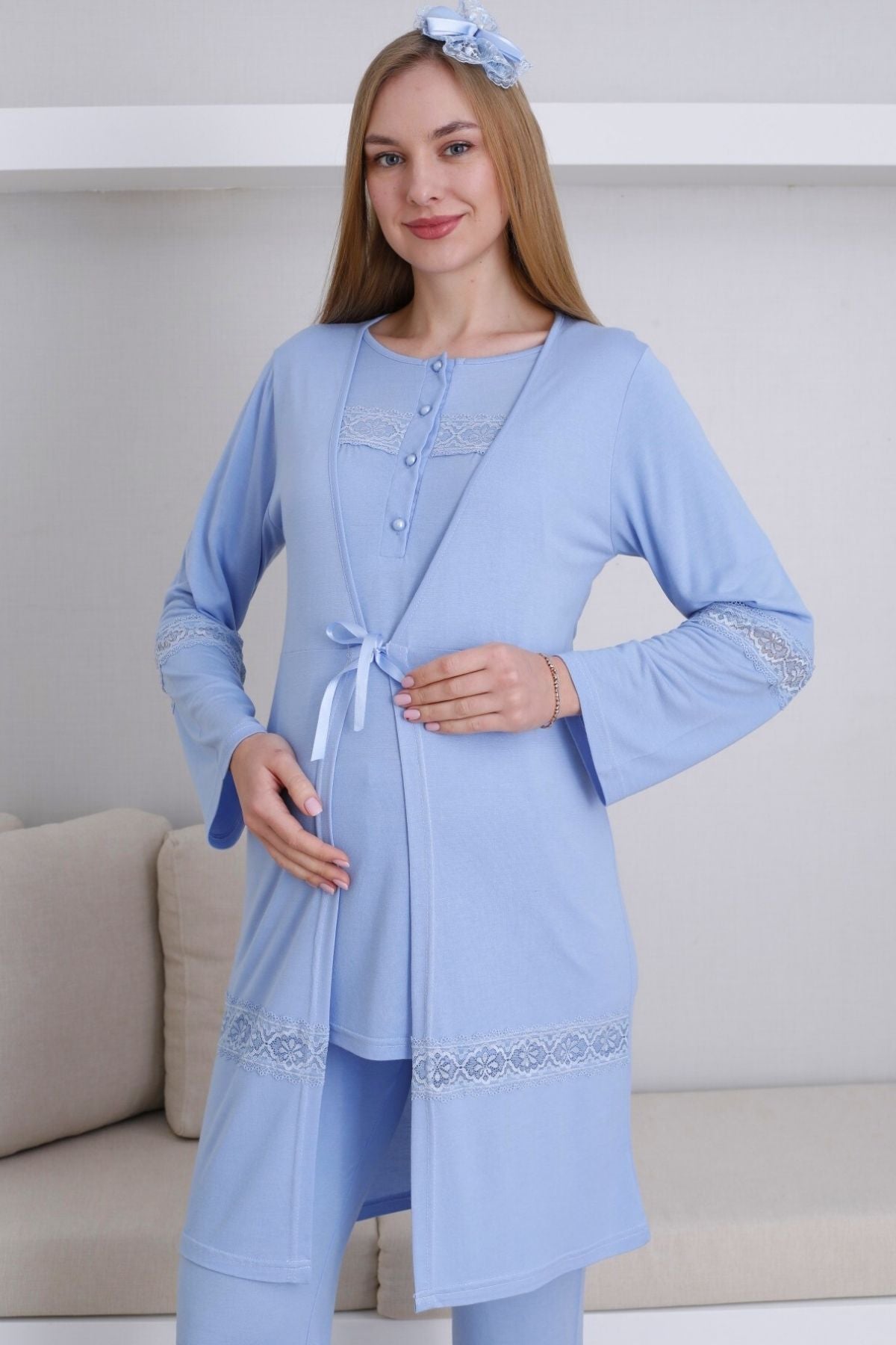 Lace Detailed 3-Piece Maternity-Nursing Pajama & Robe Set Blue - 3439