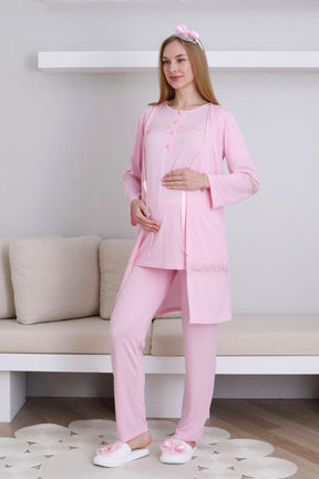 Lace Detailed 3-Piece Maternity-Nursing Pajama & Robe Set Pink - 3439