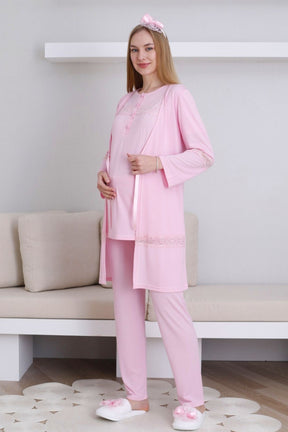 Lace Detailed 3-Piece Maternity-Nursing Pajama & Robe Set Pink - 3439